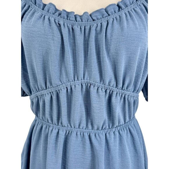 June + Hudson Blue Empire Puff Sleeve Mini Dress Cottagecore Prairie Babydoll - Picture 4 of 13